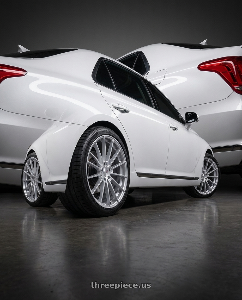 2018 genesis g90 ultimate with TSW TW005 GOODWOOD 5X114.3 20x10.5 +40 HYPER SILVER wheels rear three quarter view square tires