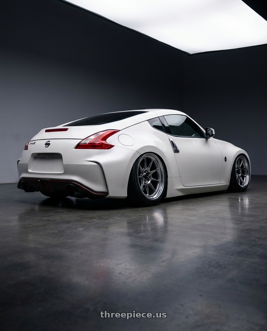 2019 Nissan 370Z with Konig Countergram 5x114.3 19x11+18 Hyper Chrome / Machined Lip wheels rear three quarter view slight stretch tires