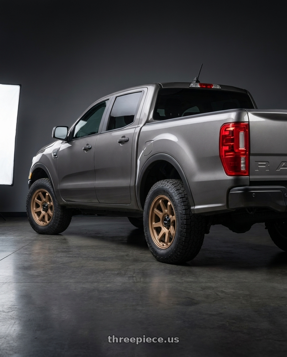2021 Ford Ranger XL with Vision Off-Road 351 Flow 6x139.7 17x9+20 Bronze wheels rear three quarter view square tires
