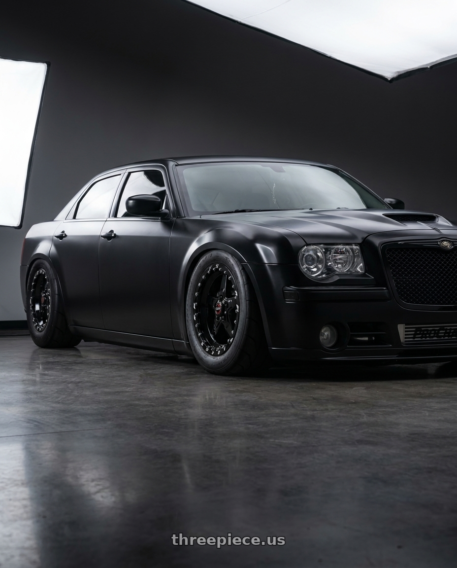 Pro charged 2007 Chrysler 300 srt8 satin black with blacked trim hellcat hood with Race Star 92 Drag Star 5x115 17x10 +20 Black Single Beadlock wheels