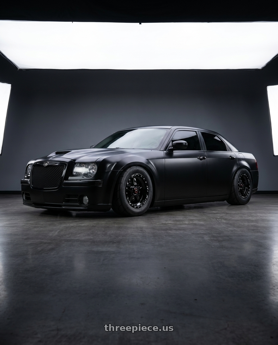 Pro charged 2007 Chrysler 300 srt8 satin black with blacked trim hellcat hood with Race Star 92 Drag Star 5x115 17x10 +20 Black Single Beadlock wheels rear three quarter view meaty tires