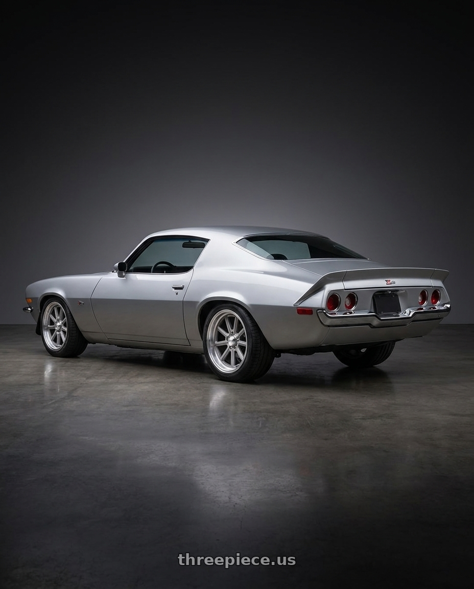 1972 Chevy Camaro Z28 RS with American Racing Vintage VN510 DRAFT 5X120.65 18X8 0 VINTAGE SILVER W/ DIAMOND CUT LIP wheels rear three quarter view square tires