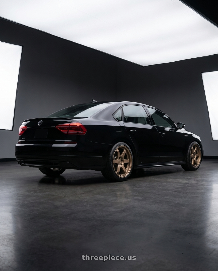 2017 vw Passat rline black with 9six9 SIX-1 5x112 19X8.5 +35 Matte Bronze wheels rear three quarter view square tires