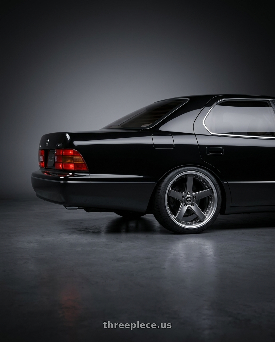 1994 Lexus ls400 with Work Zeast Black Label Bst2 5x114.3 19x8+45 R Disk Brilliant Silver Black wheels rear three quarter view square tires
