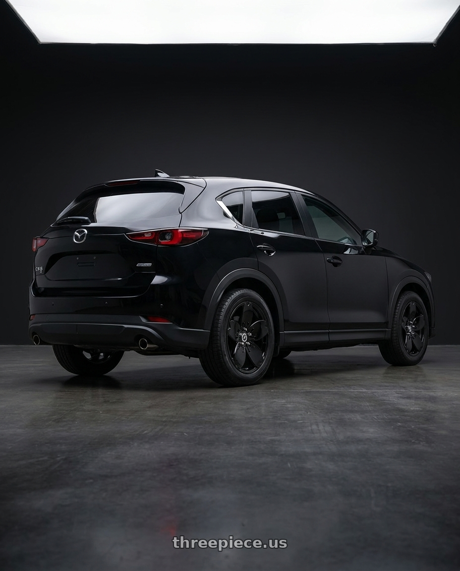 2025 mazda cx-5 with Heritage Wheel Sakura MonoC 5x114.3 18x8.5 +35 Black wheels rear three quarter view square tires