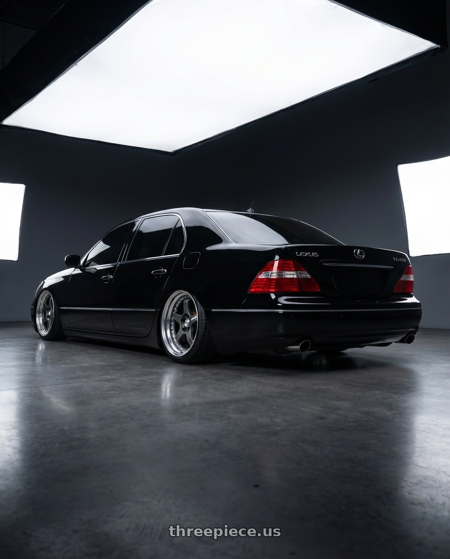 2004 Lexus LS430 Ultra Luxury Black with Work Meister L1 3P 5x100 18x9-19 A Disk Matte Gunmetal wheels rear three quarter view slight stretch tires