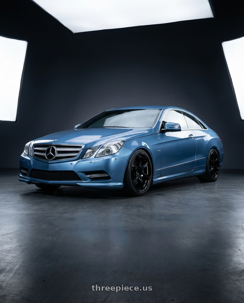 2014 Mercedes-Benz E-Class Coupe C207 with Advan RGIII 5x112 19x8.5+45 Gloss Black wheels front three quarter view lowered stance