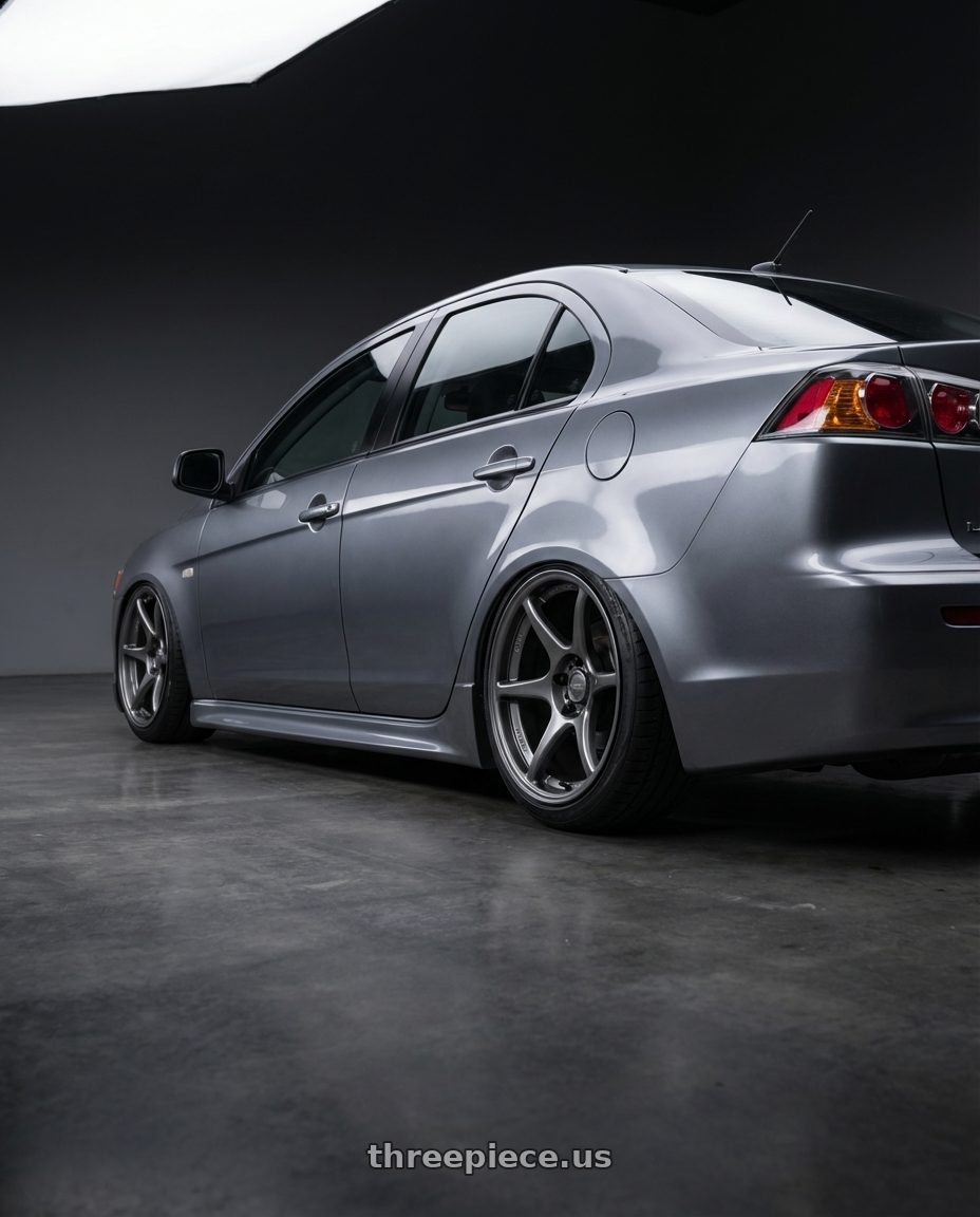 2014 Mitsubishi Lancer Ralliart with Kansei K11G Tandem 5x114.3 18x10.5 12 Gunmetal wheels rear three quarter view slight stretch tires