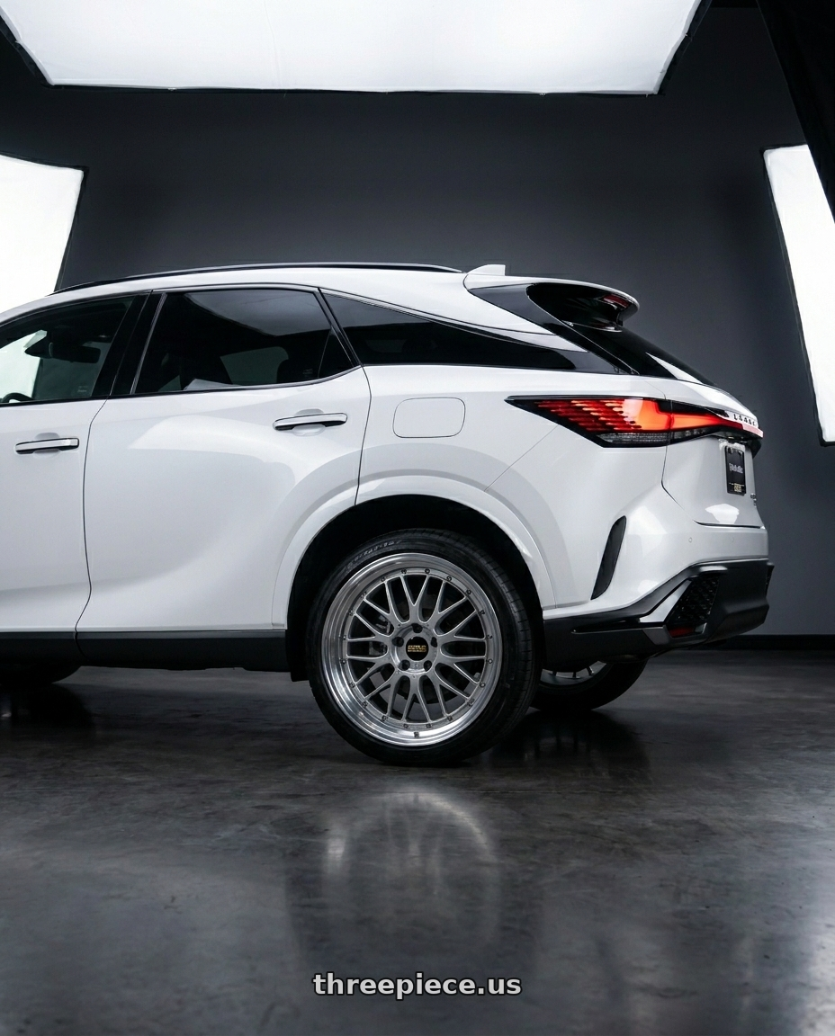2023 Lexus rx350  with BBS LM 5x120 21x10.0+38 Diamond Silver wheels rear three quarter view square tires