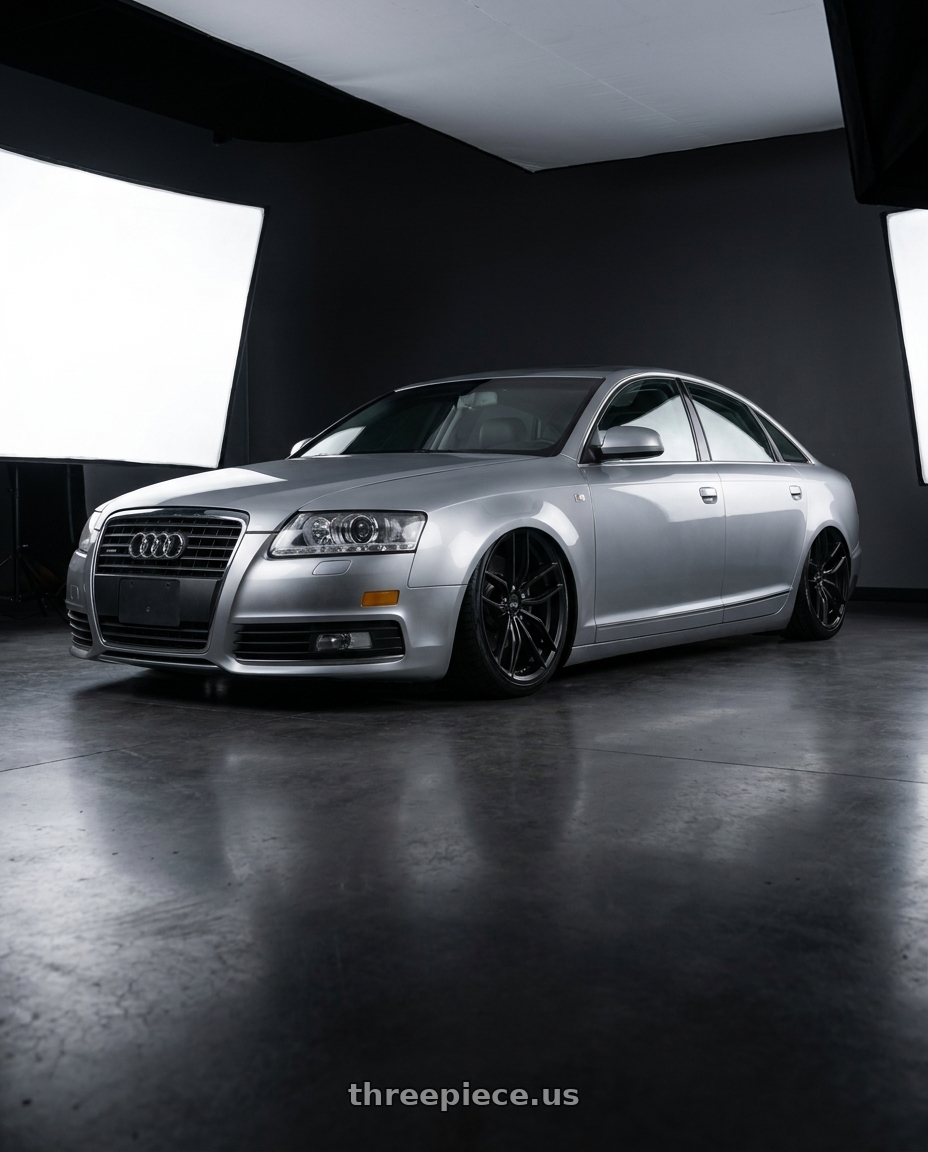 2010 Audi A6 with Niche 1PC VOSSO 5x112 18x8 +42 Matte Black wheels front three quarter view stanced stance