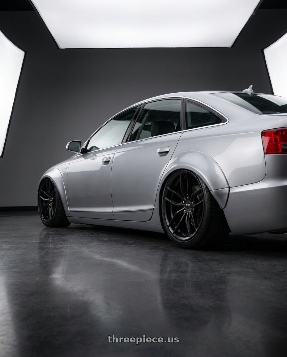 2010 Audi A6 with Niche 1PC VOSSO 5x112 18x8 +42 Matte Black wheels rear three quarter view slight stretch tires
