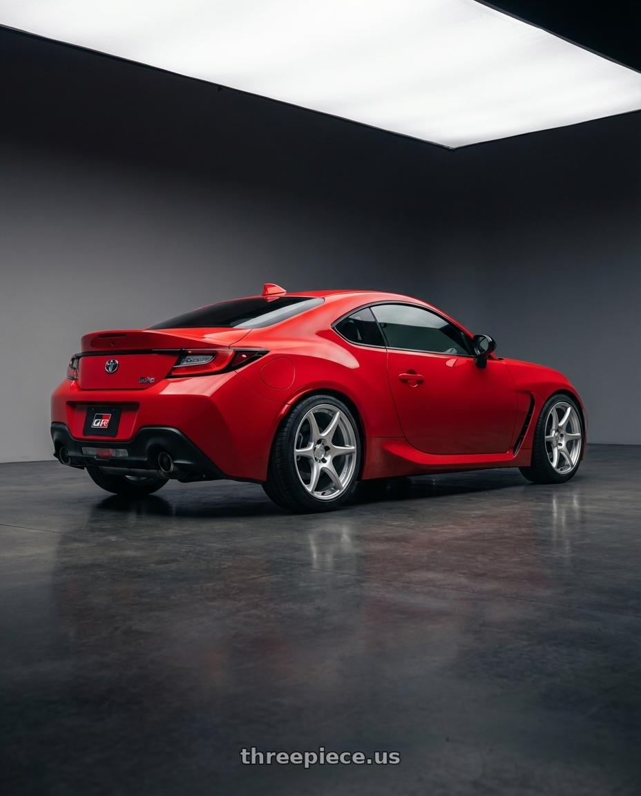 2024 Toyota GR86 with Kansei K11S Tandem 5x114.3 18x8.5 35 Hyper Silver wheels rear three quarter view square tires