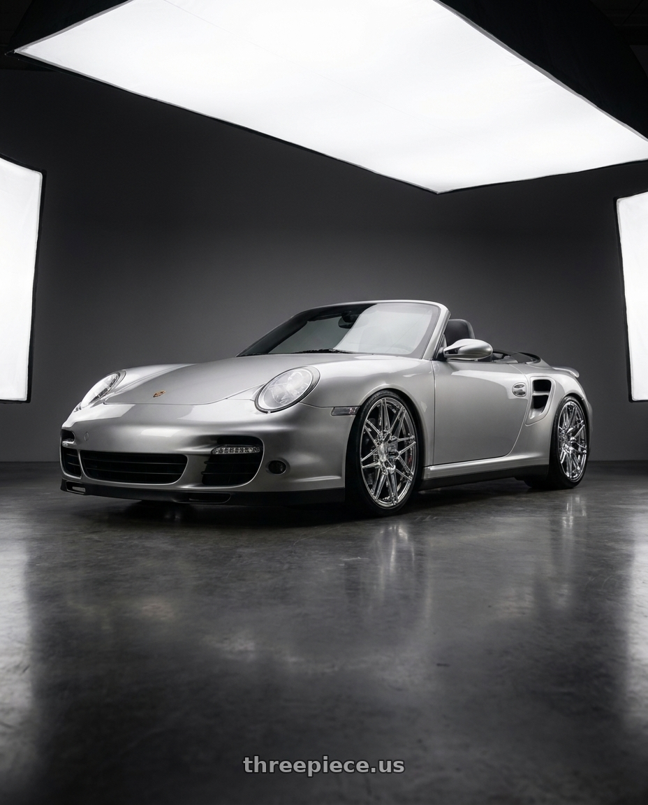 2008 Porsche 911 Turbo with Axe CF1 5x130 20X9+45 CHROME wheels front three quarter view stanced stance