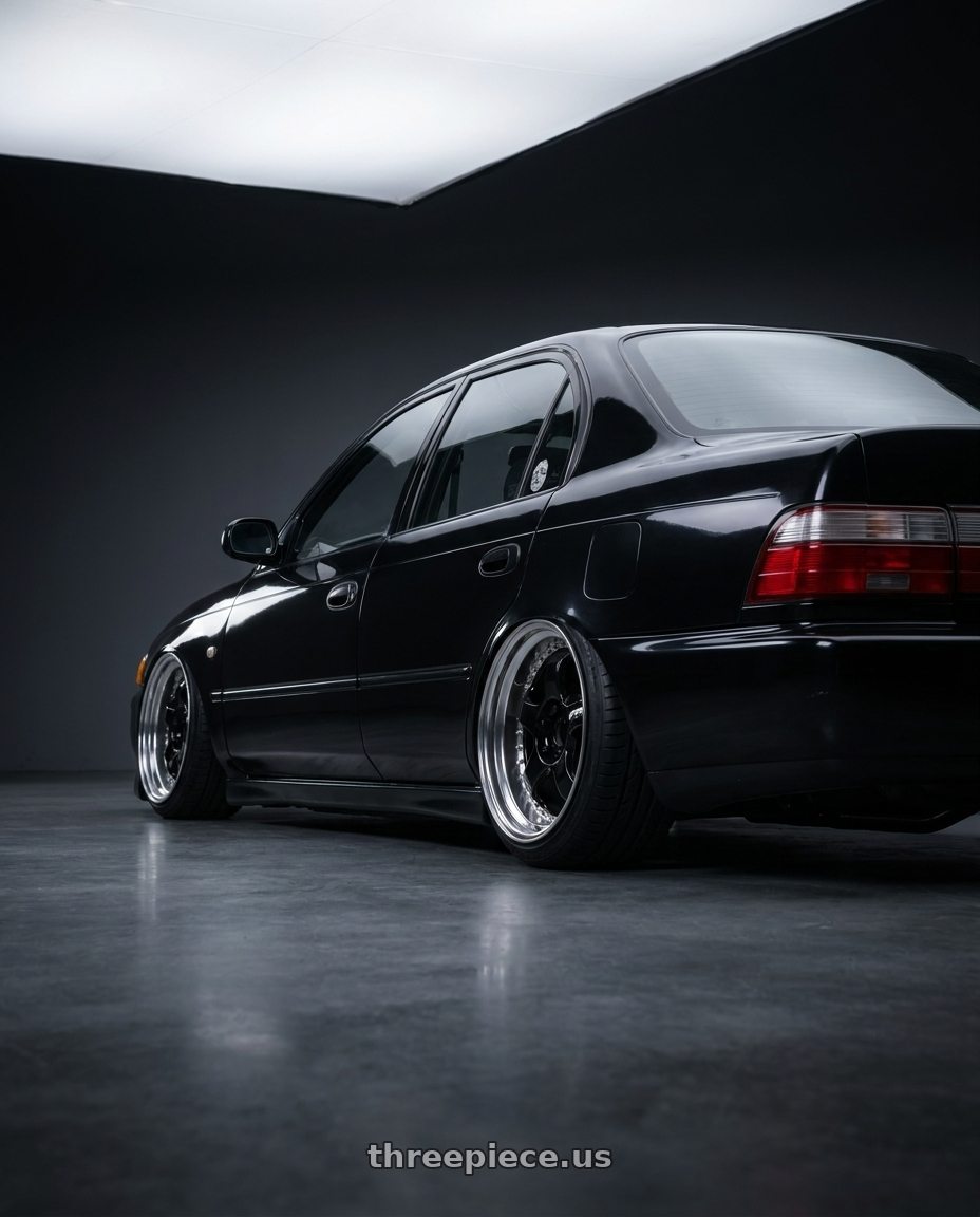 1993 Toyota Corolla  with Work Meister S1 3P 5x100 18x7+35 A Disk Black wheels rear three quarter view extreme stretch tires