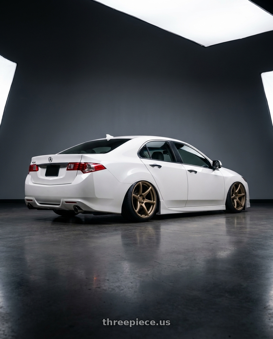 2013 Acura TSX with Kansei K11B Tandem 5x114.3 19x10.5 12 Bronze wheels rear three quarter view slight stretch tires