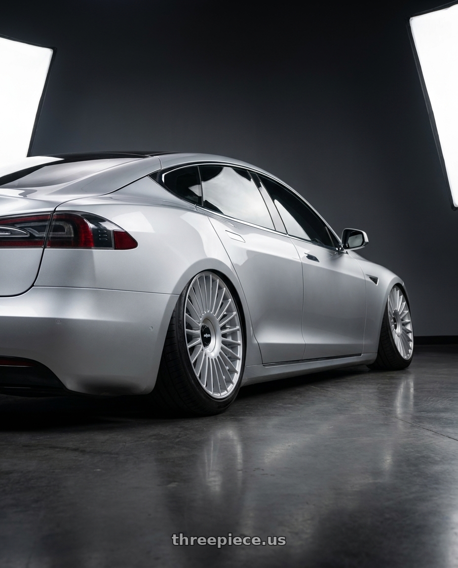 2018 tesla model s with Rotiform RC202 GRZ 5X112/5X120 20x8.5 +35 GLOSS SILVER wheels rear three quarter view extreme stretch tires