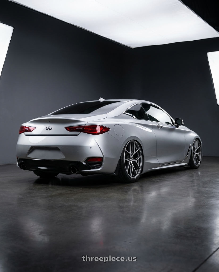 2020 Infiniti Q60 with BBS CC-R 5x114.3 20x9.5+35 Graphite w/ Diamond Cut Face wheels rear three quarter view slight stretch tires