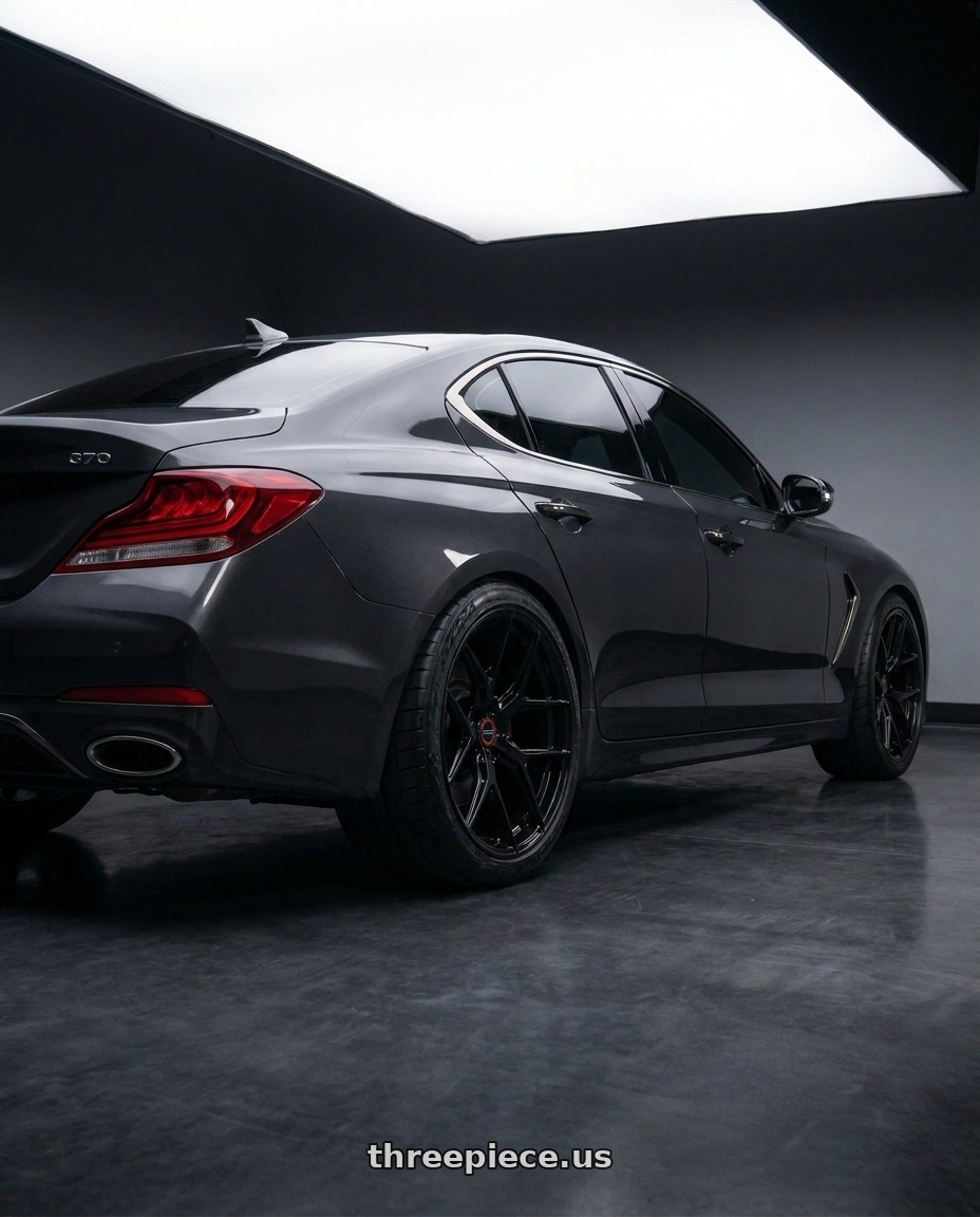 2020 genesis g70 with VOSSEN HF-5 5X120.65 19x10 +28 GLOSS BLACK wheels rear three quarter view meaty tires
