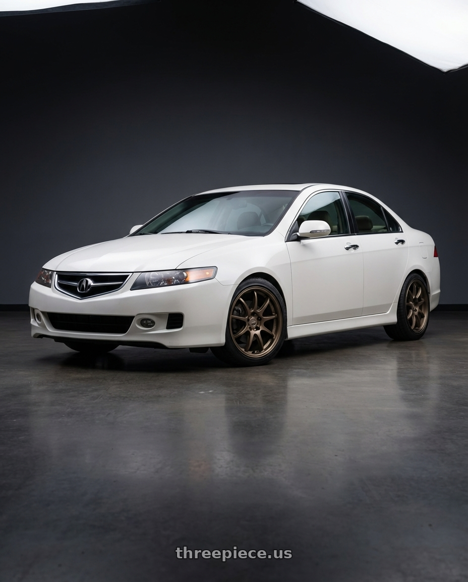 2003 Acura Tsx with Work Emotion D9r 5x100 18x8.5 +38 Matte Bronze wheels front three quarter view stock stance