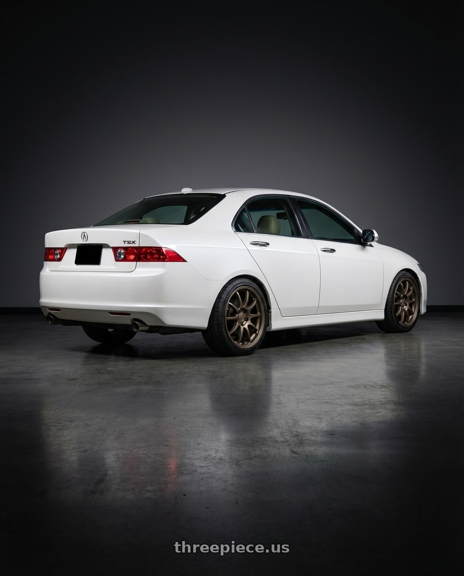 2003 Acura Tsx with Work Emotion D9r 5x100 18x8.5 +38 Matte Bronze wheels rear three quarter view square tires