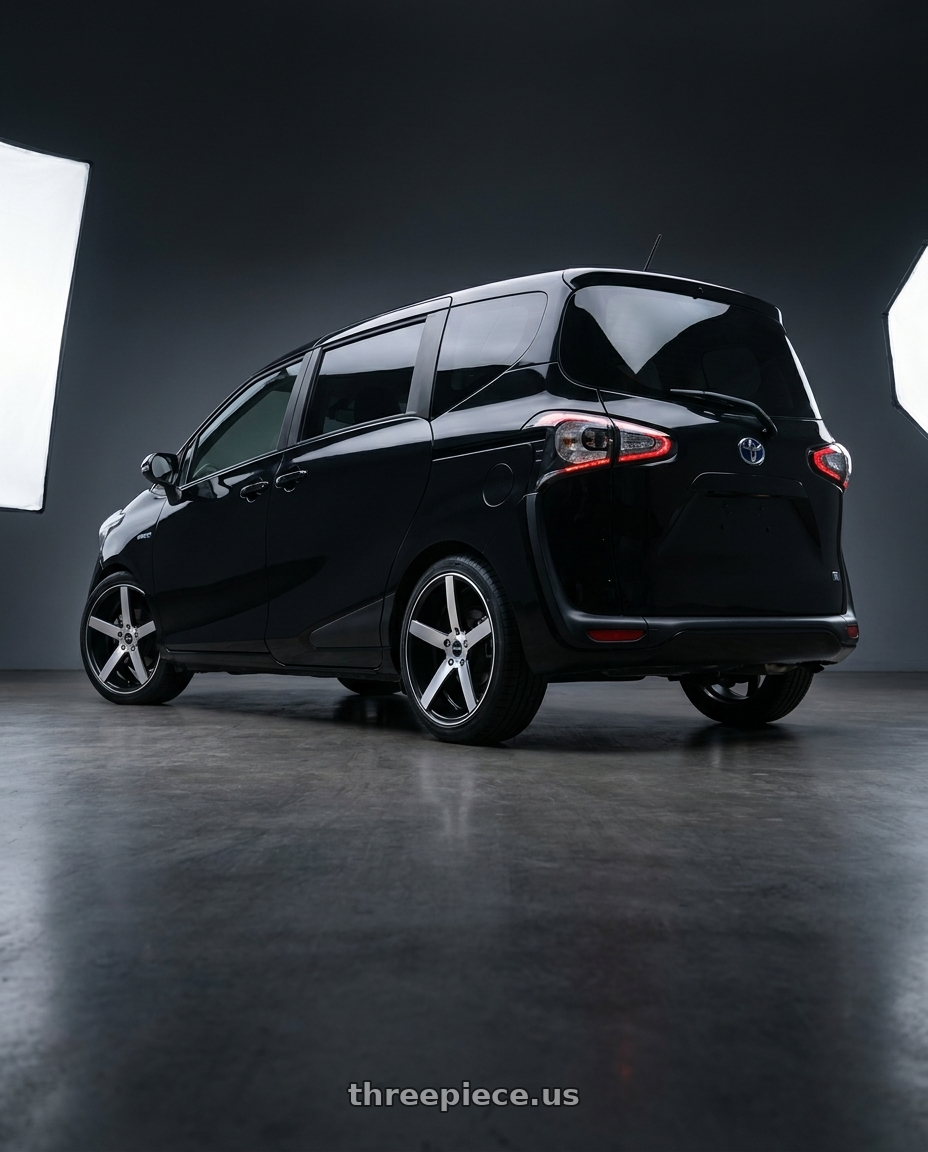 2017 Toyota sienta  with Strada Perfetto 5x100/5x114.3 16x7.5 +35 Gloss Black Machined wheels rear three quarter view square tires