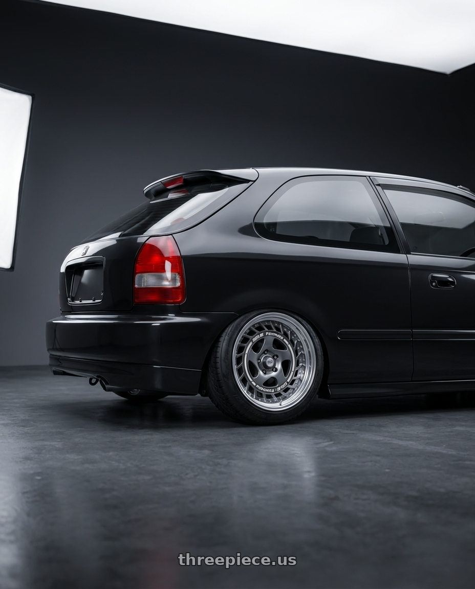 1997 Honda Civic with FORMULA AERO SPOKE 4x100 16X6.5+32 NR Disk Titan Silver wheels rear three quarter view meaty tires