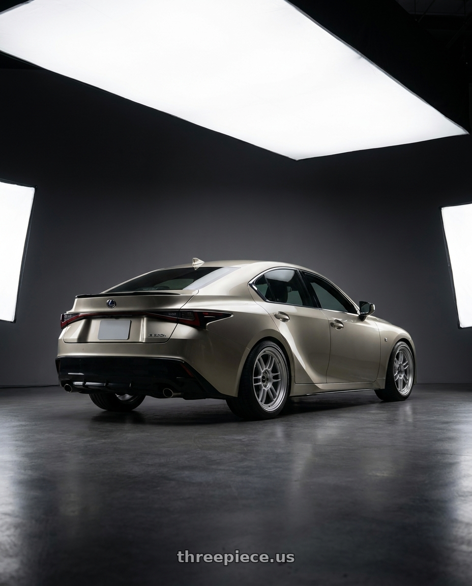 2023 lexus is300h with Enkei RPF1 5x114.3 18x9.5+38 Silver wheels rear three quarter view square tires