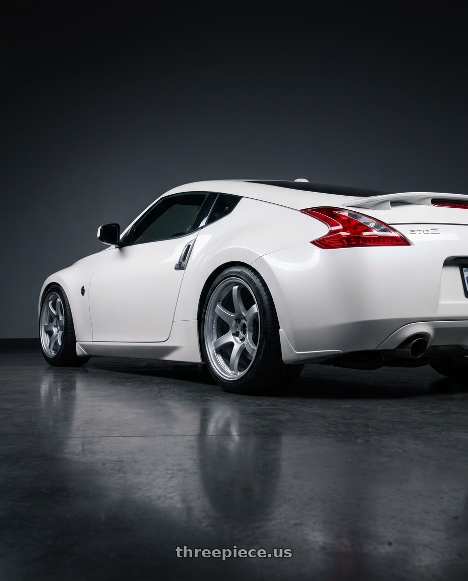 2017 Nissan 370z  with Gram Lights 57DR 5x114.3 19x9.5 +25 GRACE SILVER wheels rear three quarter view square tires