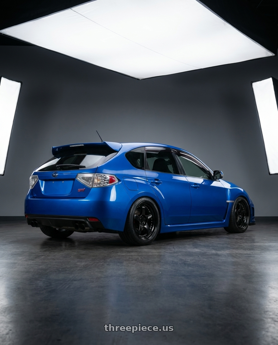 2008 Subaru sti hatch with SSR Professor SP1 5x114.3 18X9+44 HP Disk Black wheels rear three quarter view square tires