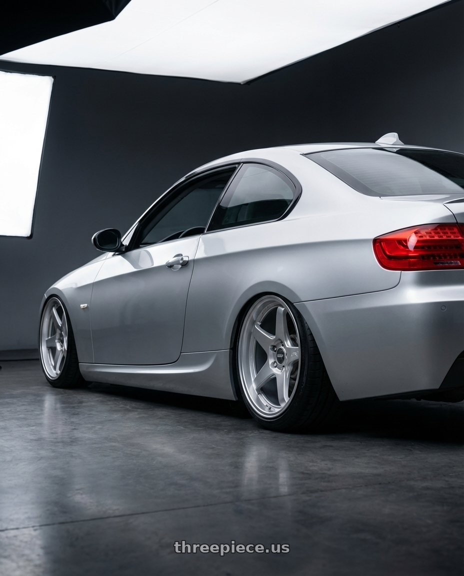 2012 BMW 3 Series E92 with ESR Wheels APEX SERIES AP5 5x120 19x8.5 +30 Hyper Silver wheels rear three quarter view slight stretch tires