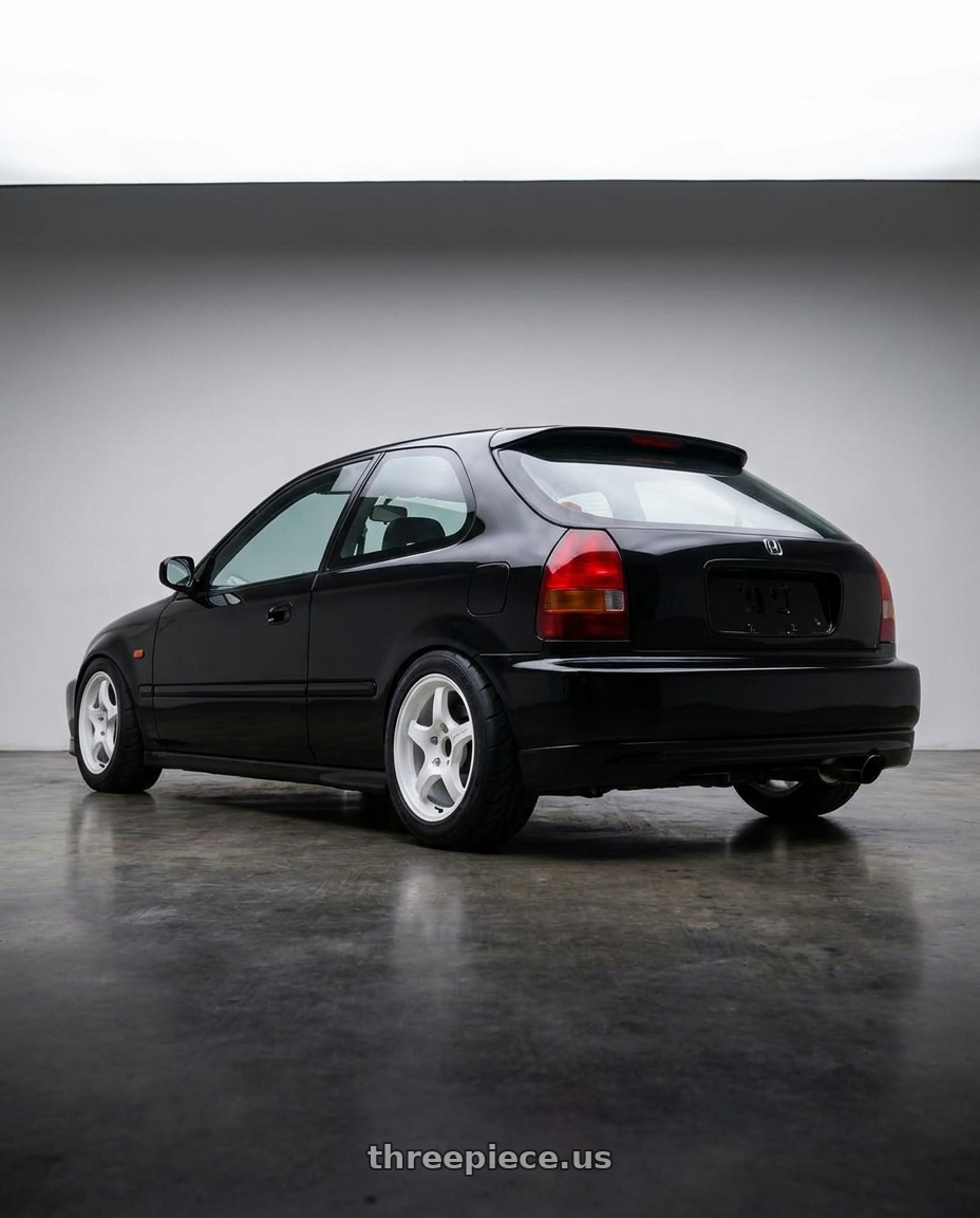 1997 Honda Civic with Gram Lights 57CR 4x100 15x8 +35 CERAMIC WHITE PEARL wheels rear three quarter view meaty tires