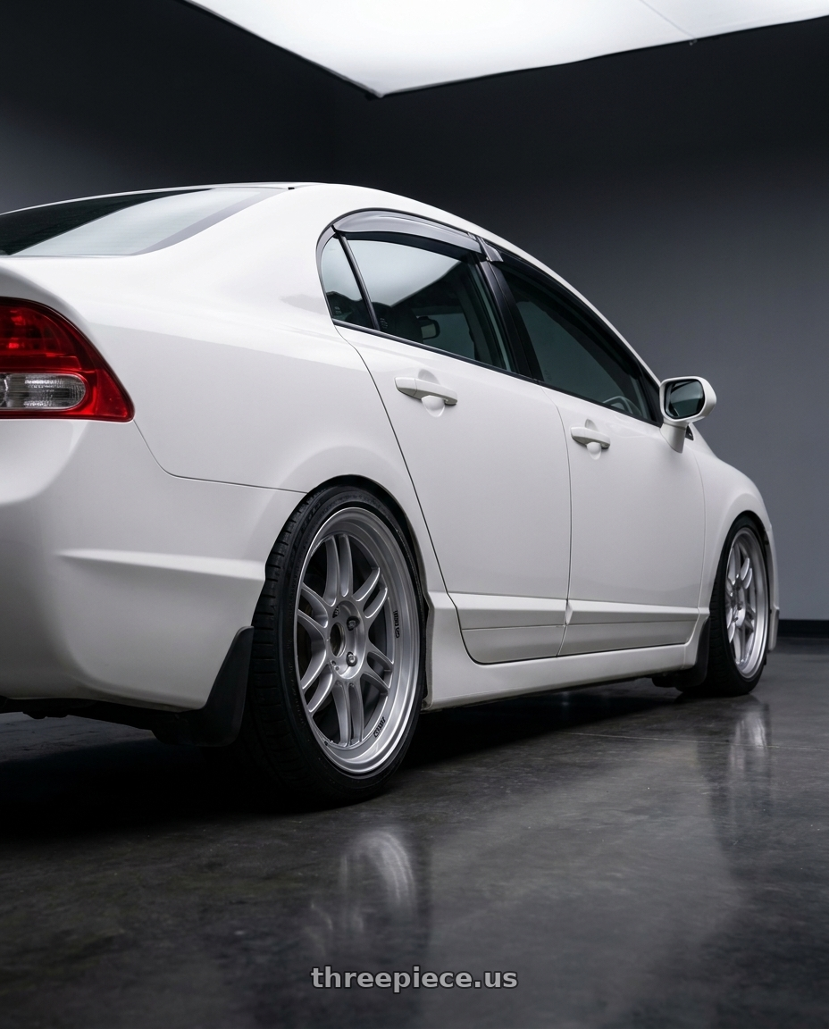 2007 honda civic ex with Enkei RPF1 5x114.3 18x8.5+40 Silver wheels rear three quarter view square tires