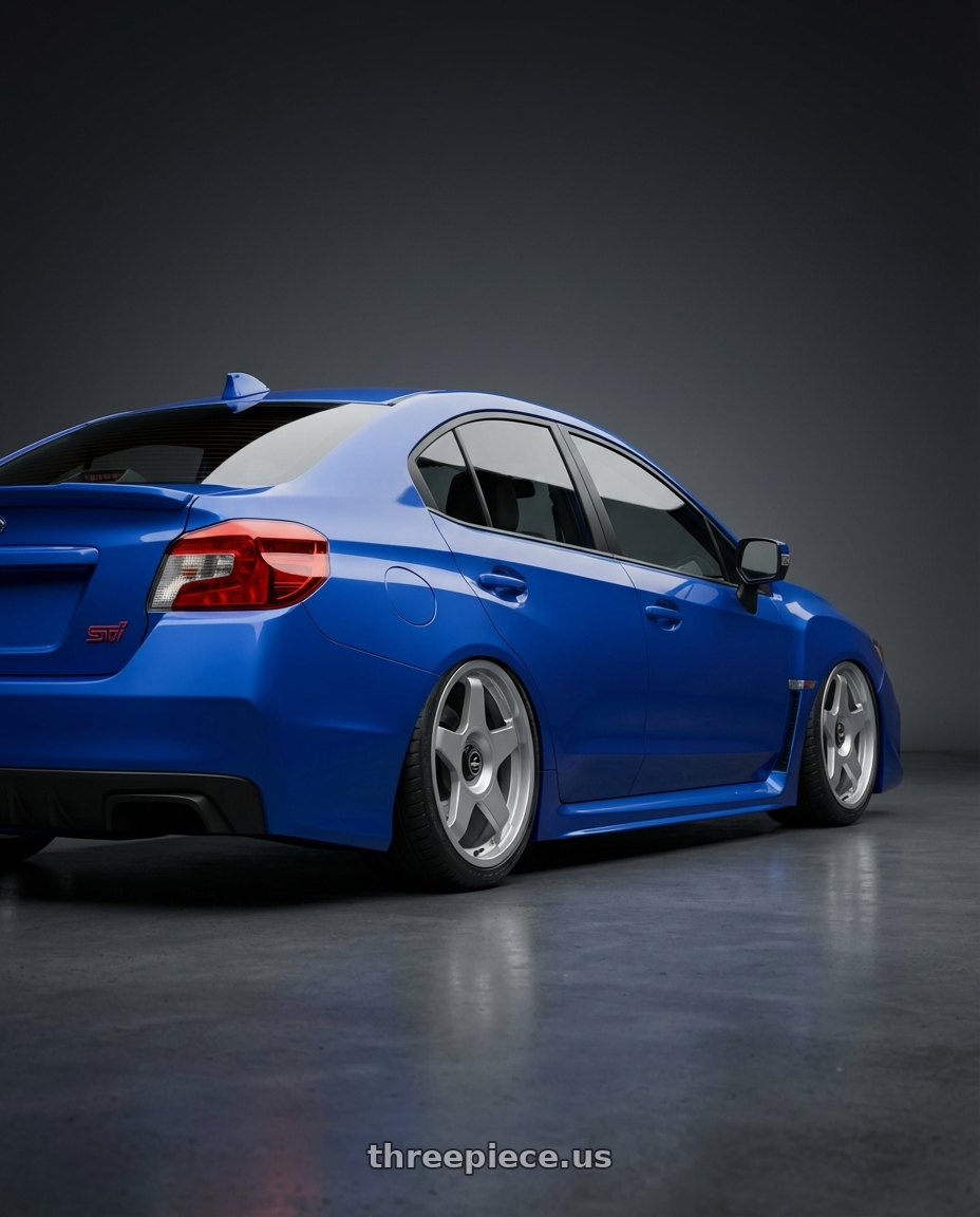 2013 Subaru WRX STI with fifteen52 CHICANE 5x114.3 / 5x100 18x8.5 +35 SPEED SILVER (GLOSS SILVER) wheels rear three quarter view slight stretch tires