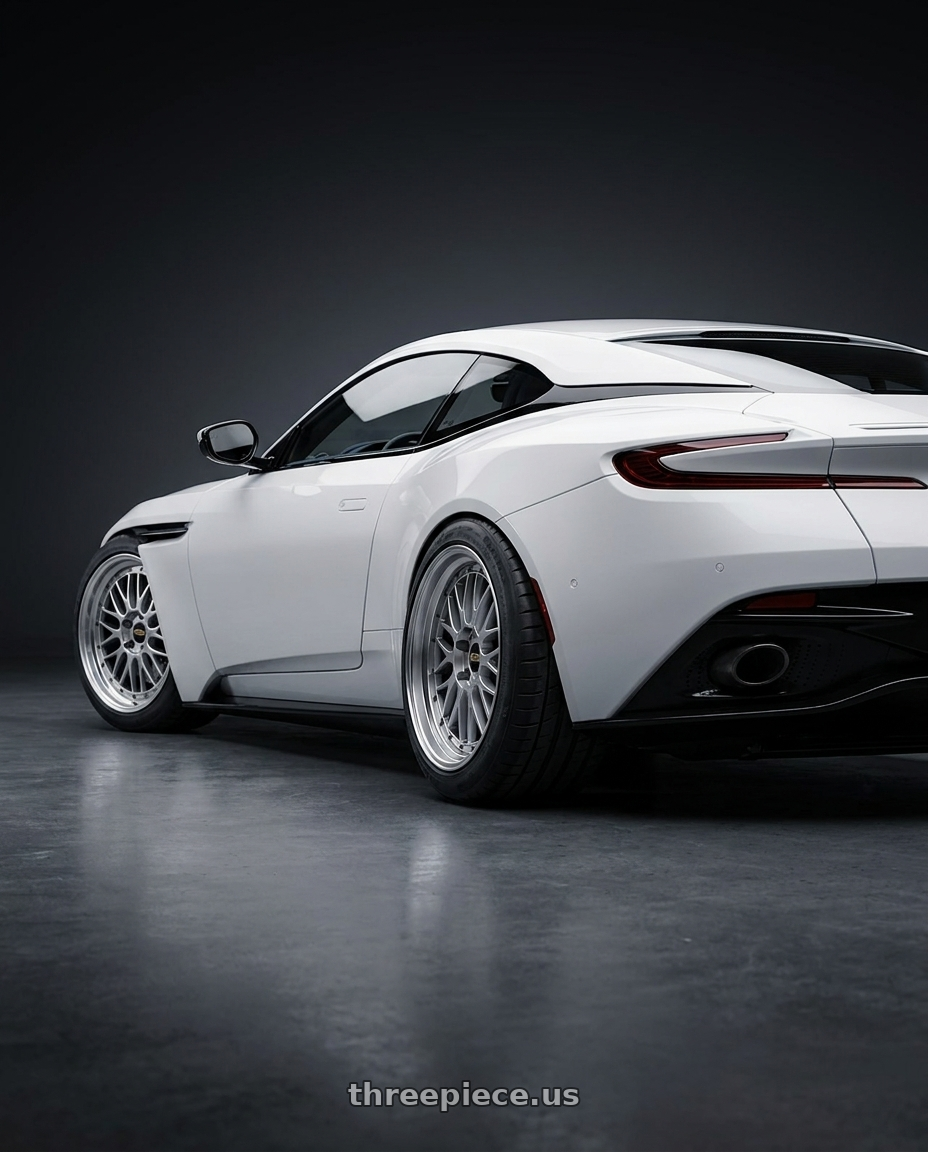 2019 Aston Martin DB11 with BBS LM 5x114.3 18x8.0+40 Diamond Silver wheels rear three quarter view meaty tires