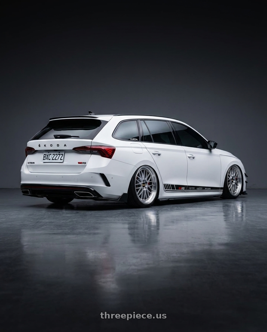2024 Octavia Combi RS with BBS LM 5x112 20x8.5+38 Diamond Silver wheels rear three quarter view slight stretch tires