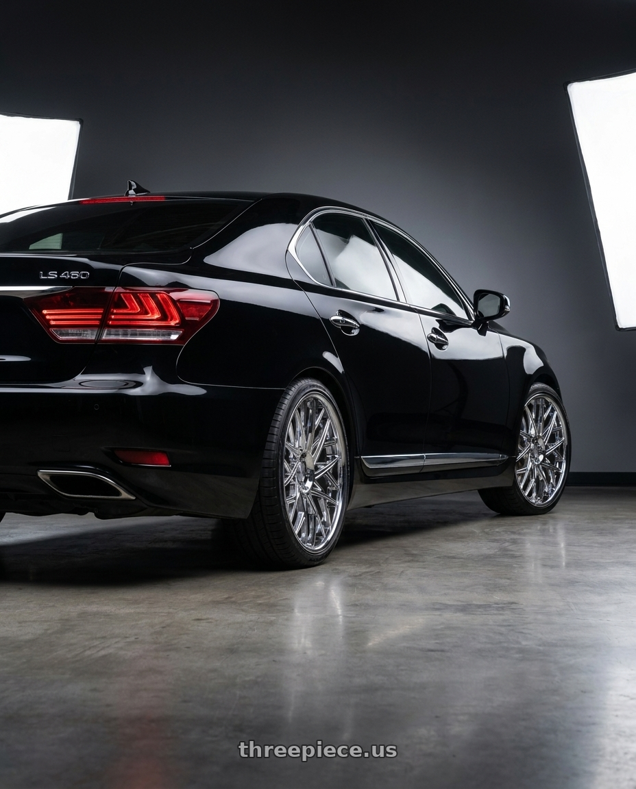 2010 lexus ls460 with ECLIPSE 101 5X120 22x9 +38 CHROME wheels rear three quarter view square tires