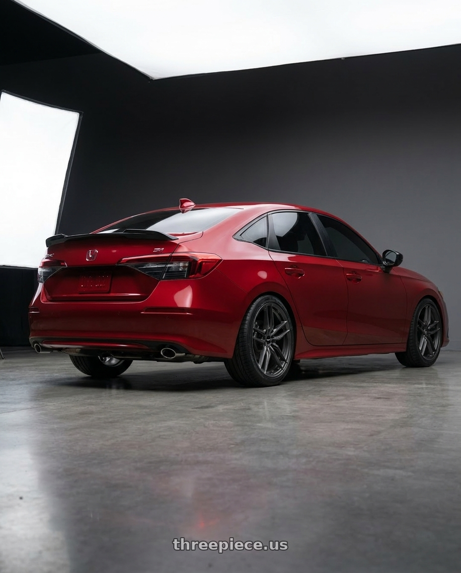 2026 Honda Civic Si Red with Vors LT53 5x114.3 18x8 +35 Gloss Gun Metal wheels rear three quarter view square tires