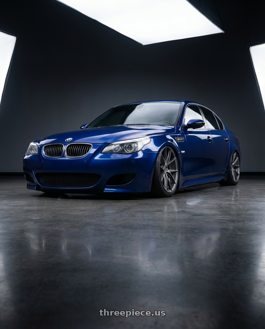 2010 BMW M5 E60 with Niche 1PC M116 MISANO 5X120 20X9 +35 MATTE GUN METAL wheels front three quarter view stanced stance