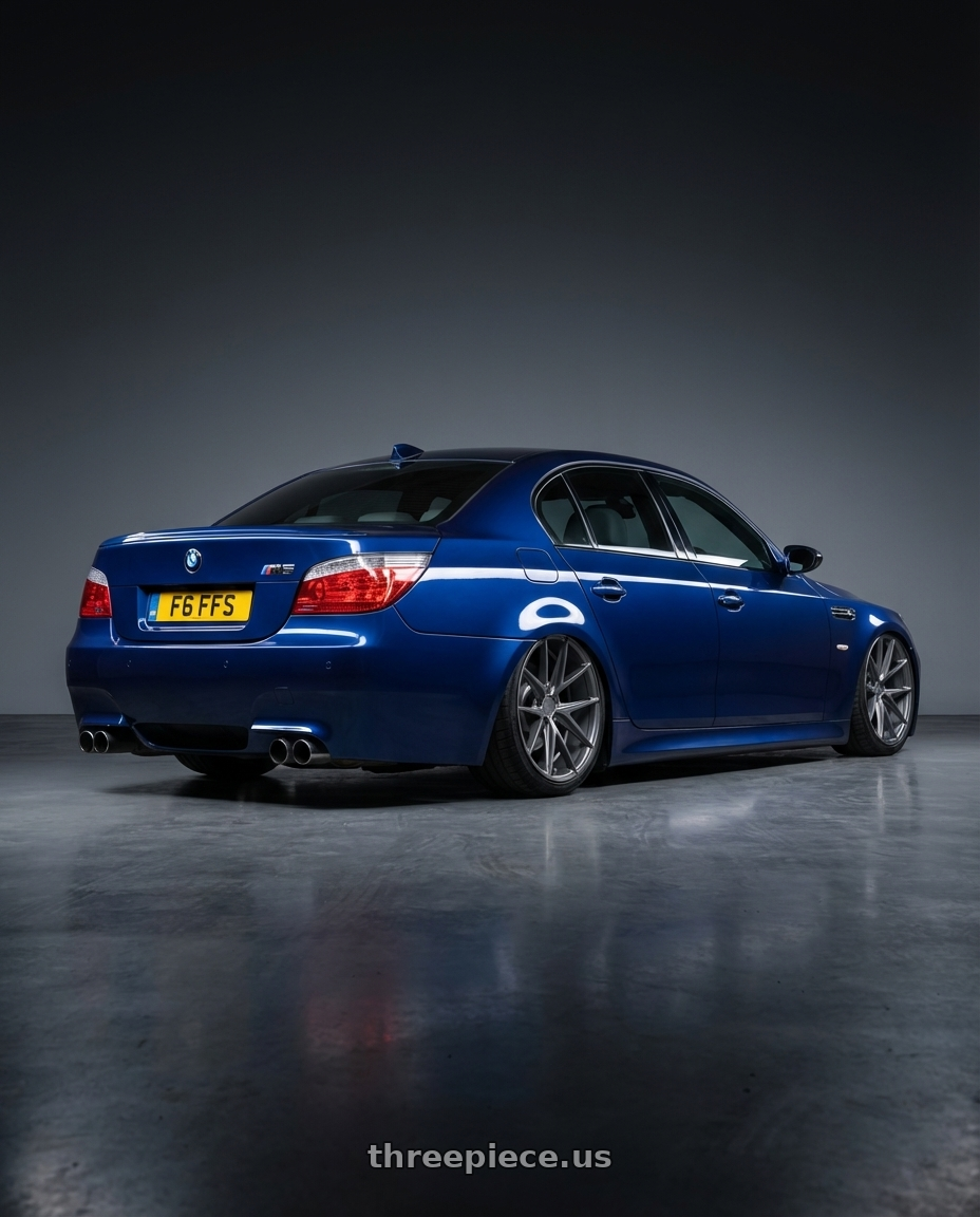 2010 BMW M5 E60 with Niche 1PC M116 MISANO 5X120 20X9 +35 MATTE GUN METAL wheels rear three quarter view slight stretch tires