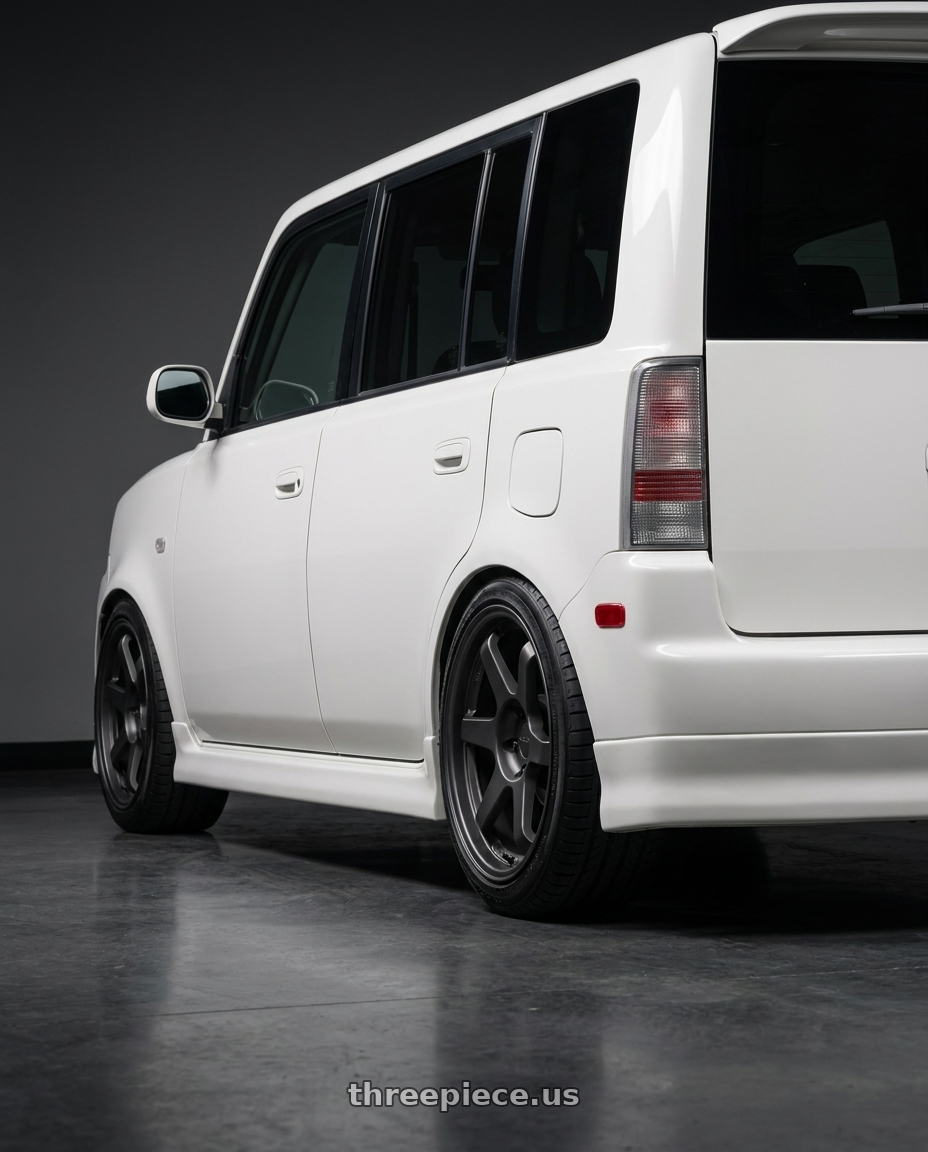 2003 Toyota Bb with 9six9 SIX-1 5x120 18X10 +35 Carbon Gray wheels rear three quarter view square tires