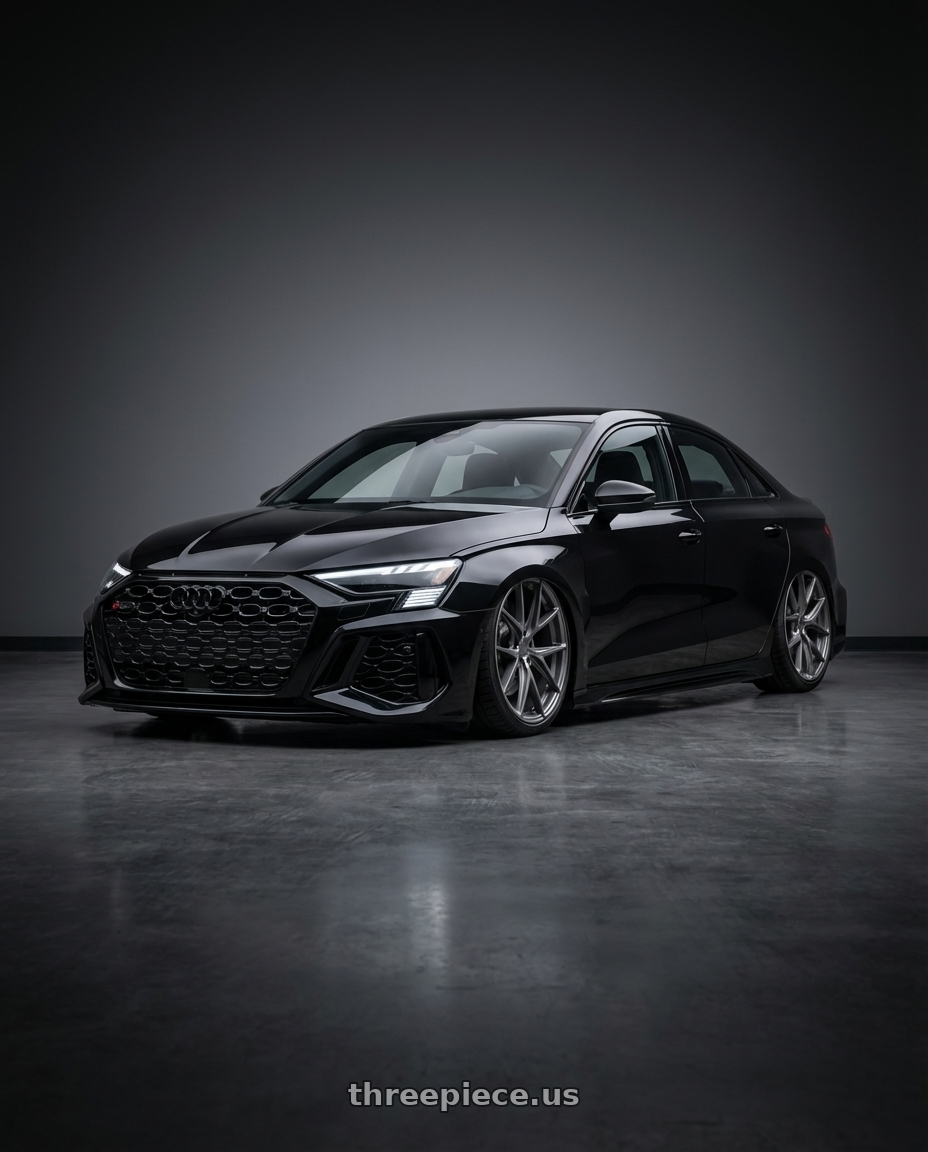 2022 Audi RS3 8Y with Niche 1PC M116 MISANO 5X112 19X9.5 +50 MATTE GUN METAL wheels front three quarter view stanced stance