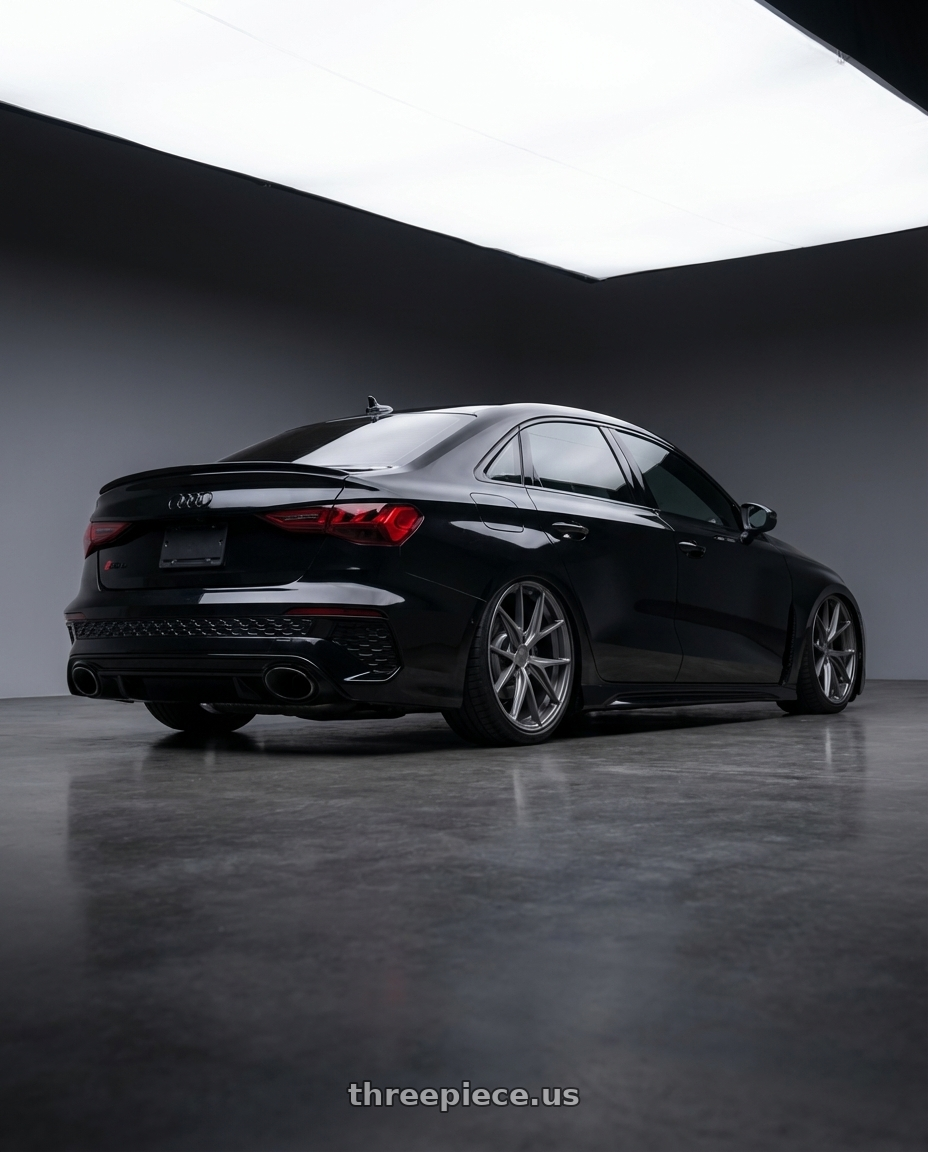 2022 Audi RS3 8Y with Niche 1PC M116 MISANO 5X112 19X9.5 +50 MATTE GUN METAL wheels rear three quarter view slight stretch tires