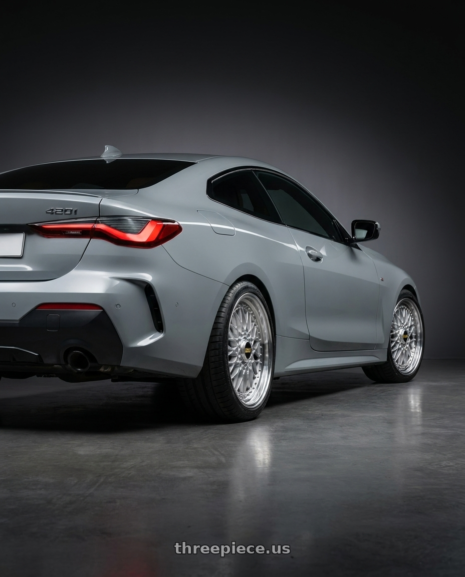 2024 bmw 420i with BBS Super-RS 5x112 19x9.0+42 Silver wheels rear three quarter view square tires