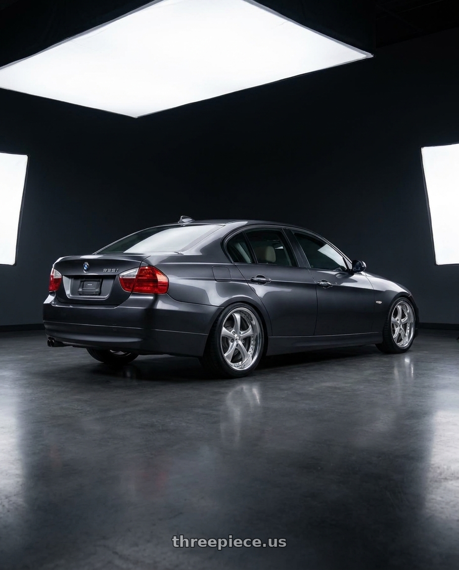 2006 BMW 325i with Work Wheels VS-KF 5x120 19x9.5+34 Light Grey Silver A Disk FULL REVERSE wheels rear three quarter view square tires