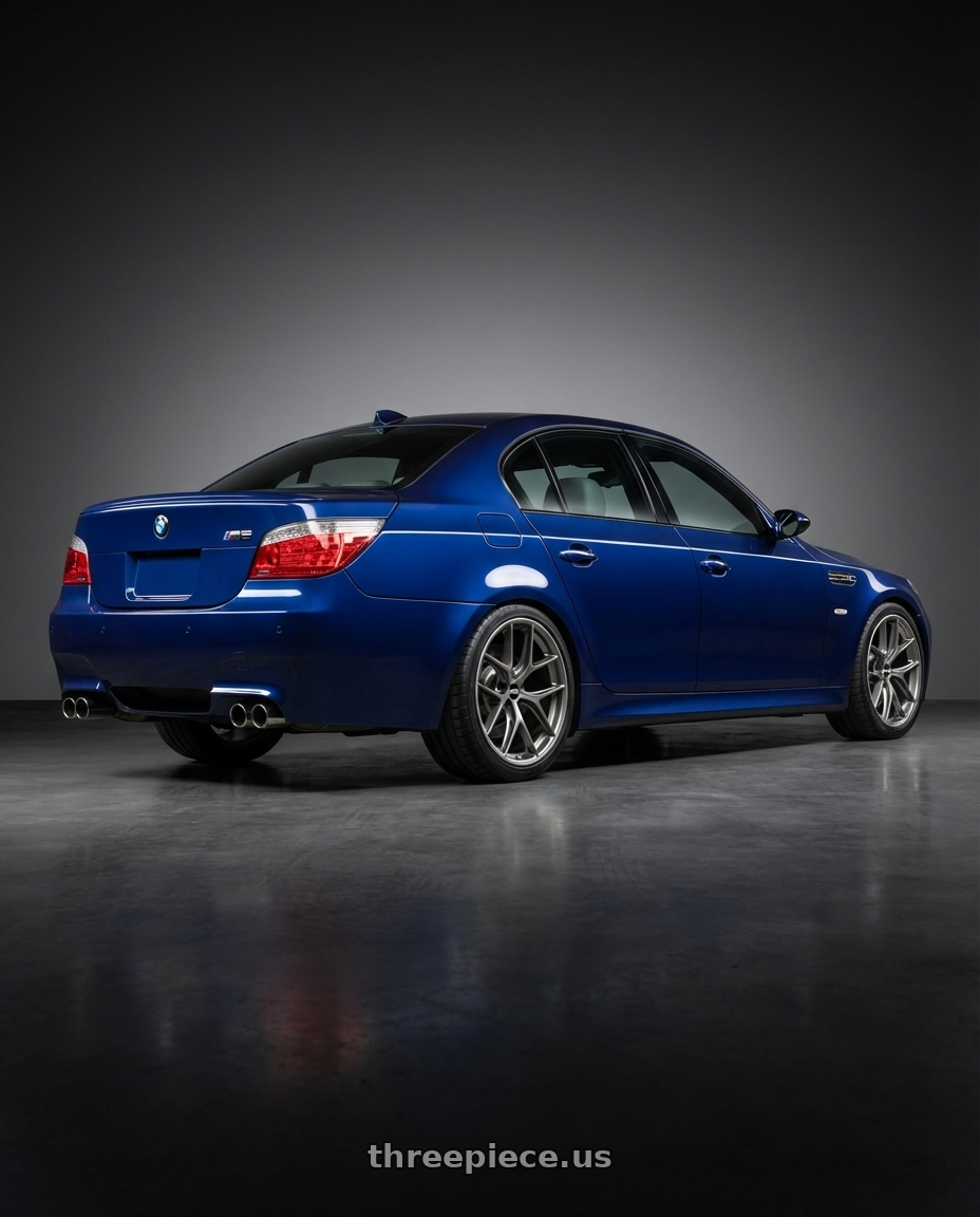 2010 BMW M5 E60 with BBS CC-R 5x120 19x9.0+48 Satin Platinum wheels rear three quarter view square tires