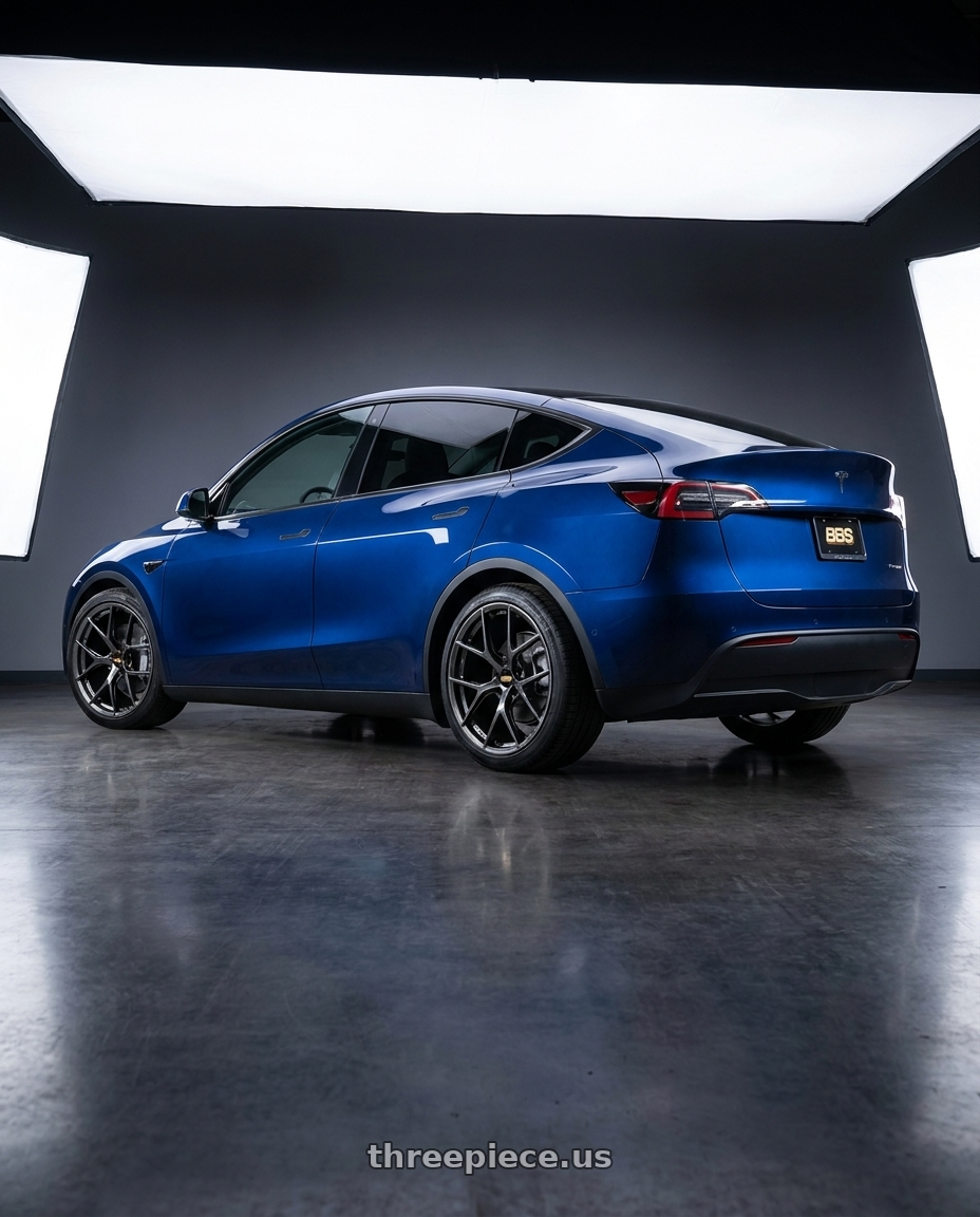 2022 Tesla Model Y with BBS FI-R CL 20x12.0+44 Diamond Black wheels rear three quarter view square tires