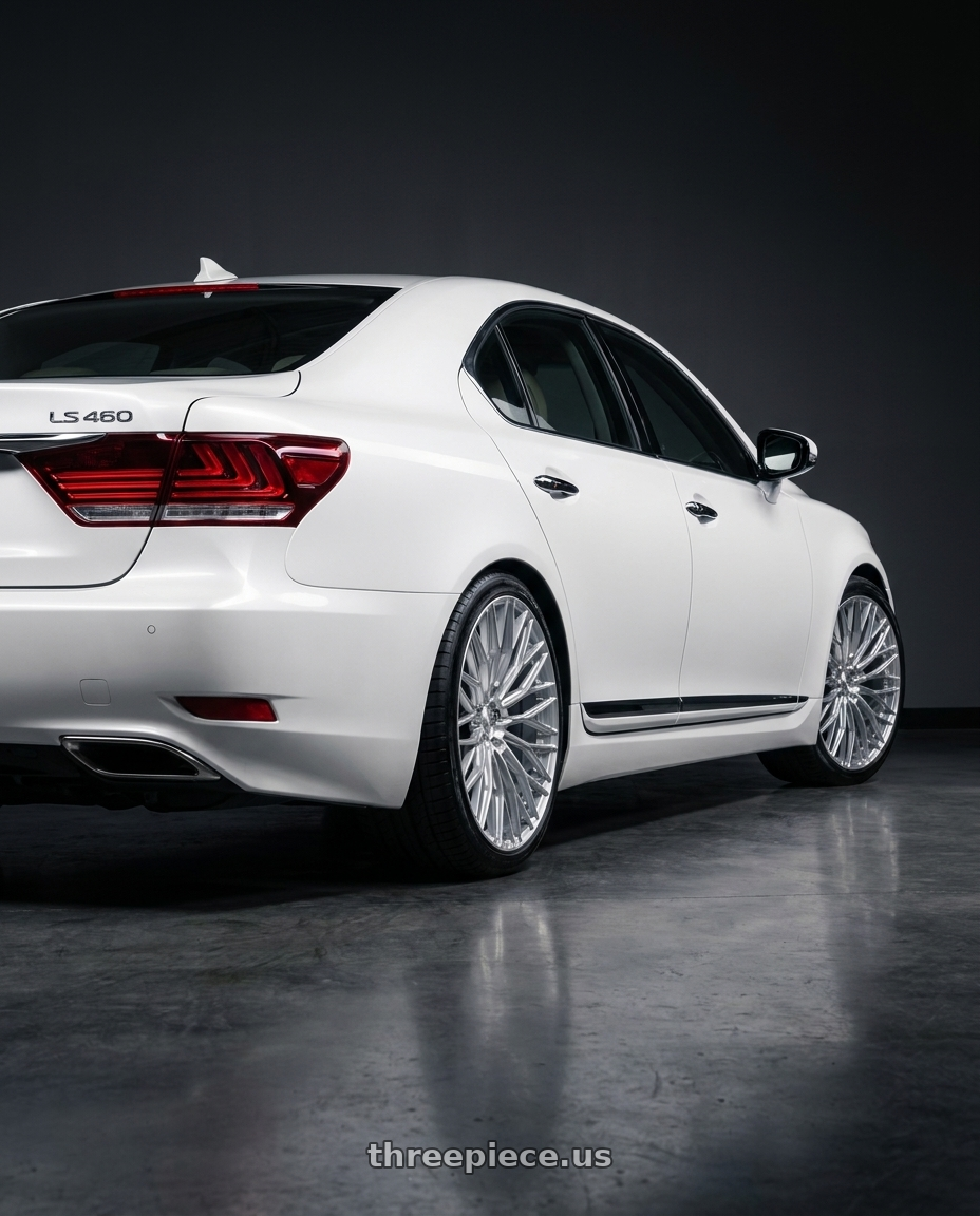 2016 LEXUS LS460 with Brada FR100 5x120 21x9 +25 Diamond Silver wheels rear three quarter view square tires