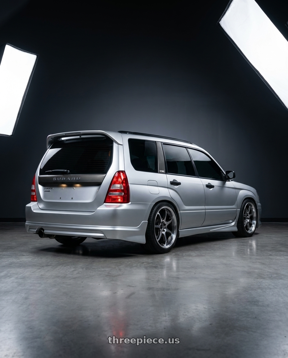 2003 Subaru Forester with Work Emotion D9r 5x100 18x7.5 +47 Gt Silver Rim Cut wheels rear three quarter view square tires