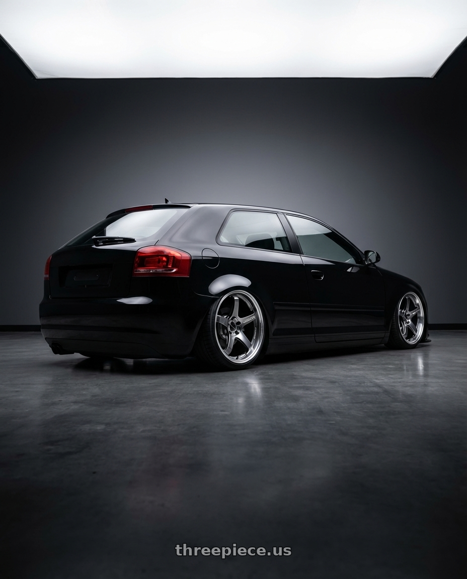 2012 Audi A3 8P with Advan Racing GT BEYOND 5x112 19x8.5 +45 MACHINING & HYPER PLATINUM BLACK wheels rear three quarter view slight stretch tires