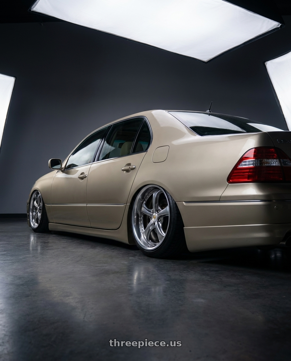 2004 Lexus LS430 base mystic with Work Wheels VS-KF 5x114.3 20x9.5+35 Brilliant Silver Black L Disk STEP RIM wheels rear three quarter view slight stretch tires